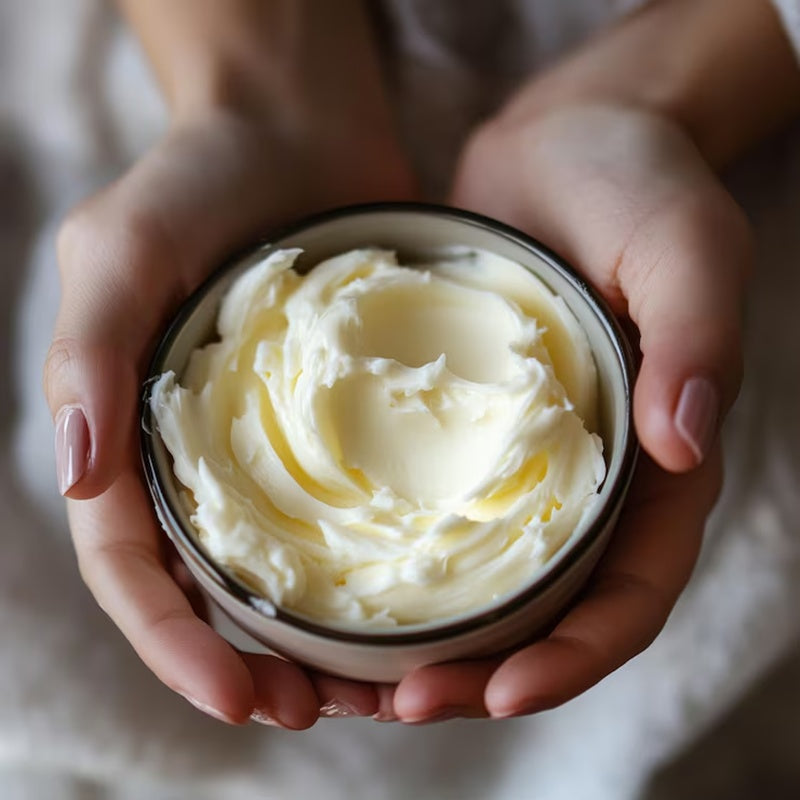 creamy body butter in jar sitting in hands