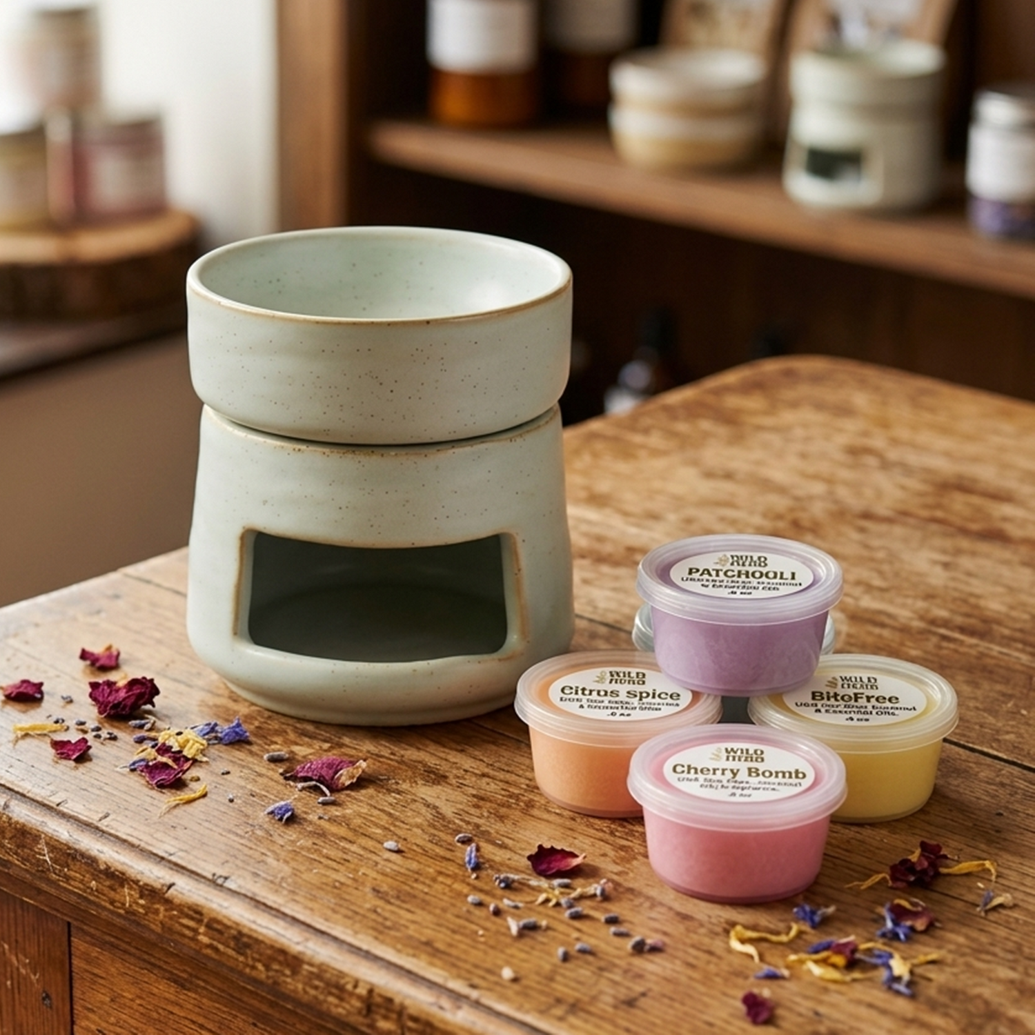 minimalist decor ceramic essential oil warmer and wax melter personal diffuserfor tea light candle with sample size wax melts from the original wild herb
