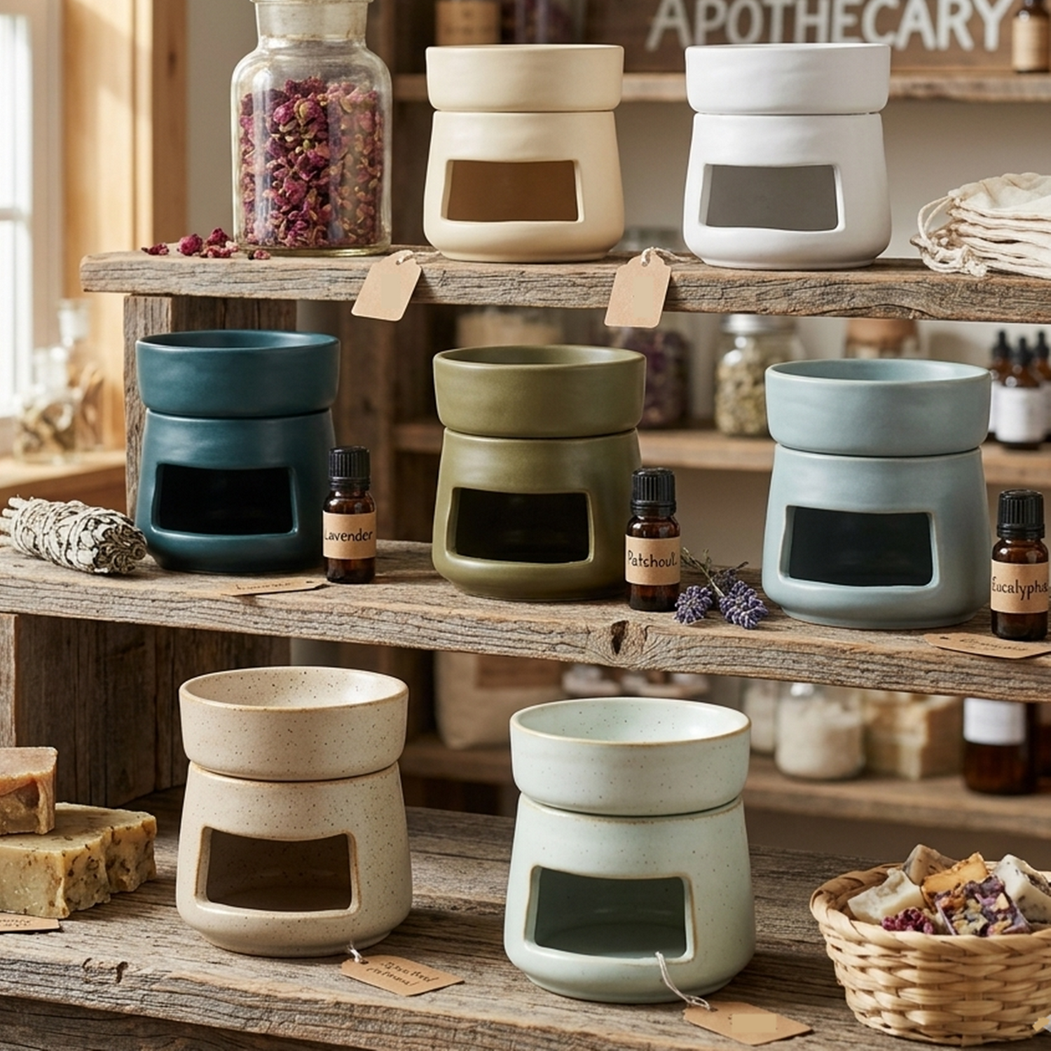 Seven minimalist ceramic oil warmers and wax melt burners displayed on rustic wooden shelves next to essential oil bottles