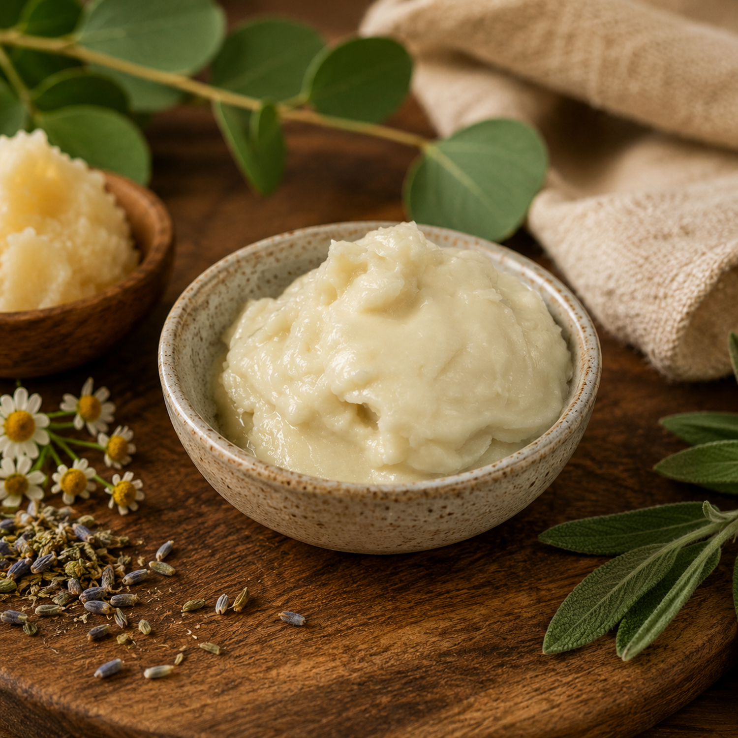 bowl of wild herb creamy skin rescue balm on a wooden platter with botanicals