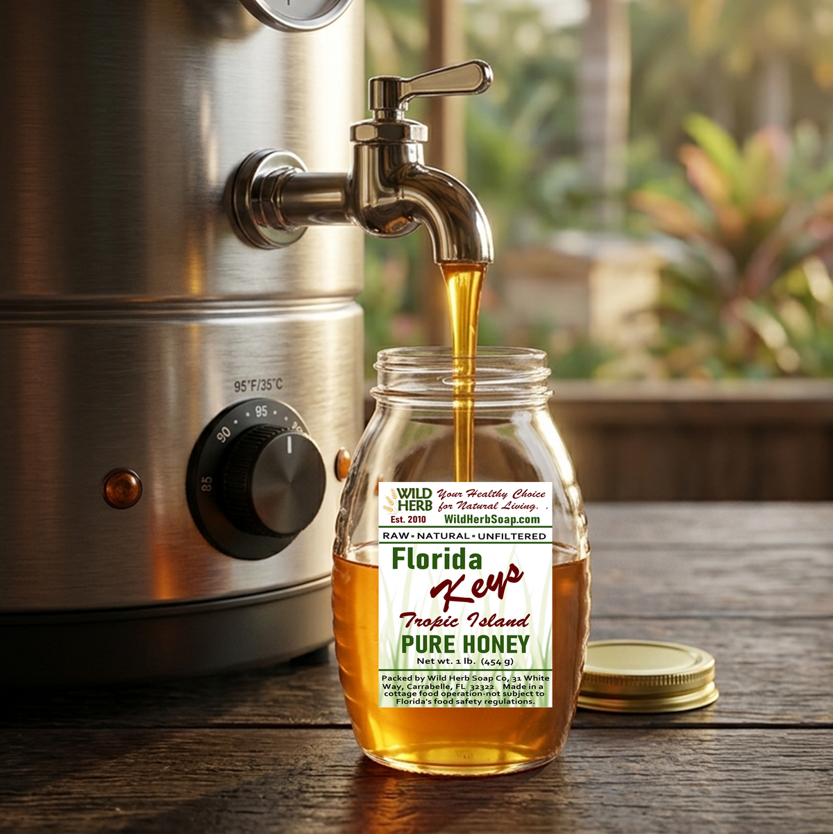 raw warm honey being poured into glass container with label stating Wild Herb Florida Keys Tropic Island Pure Honey