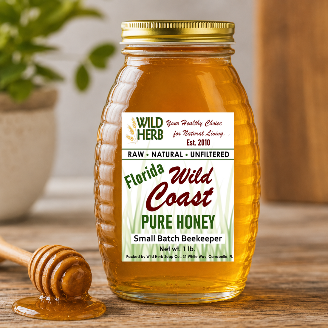 Glass jar filled with golden raw natural unfiltered Florida Wild Coast everglades and swamp areas honey