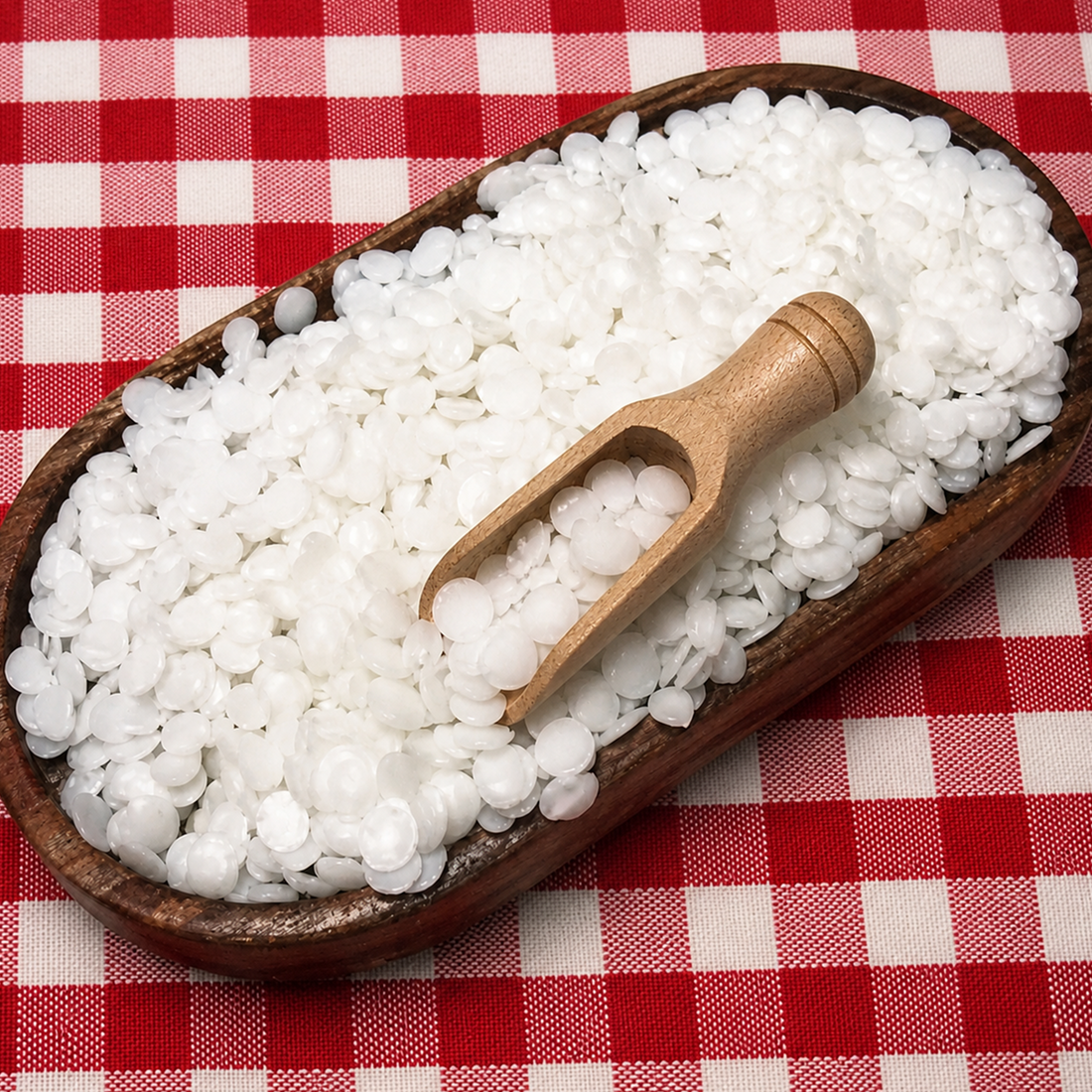 Wooden scoop in a bowl of white beeswax pellets on a red and white checkered tablecloth