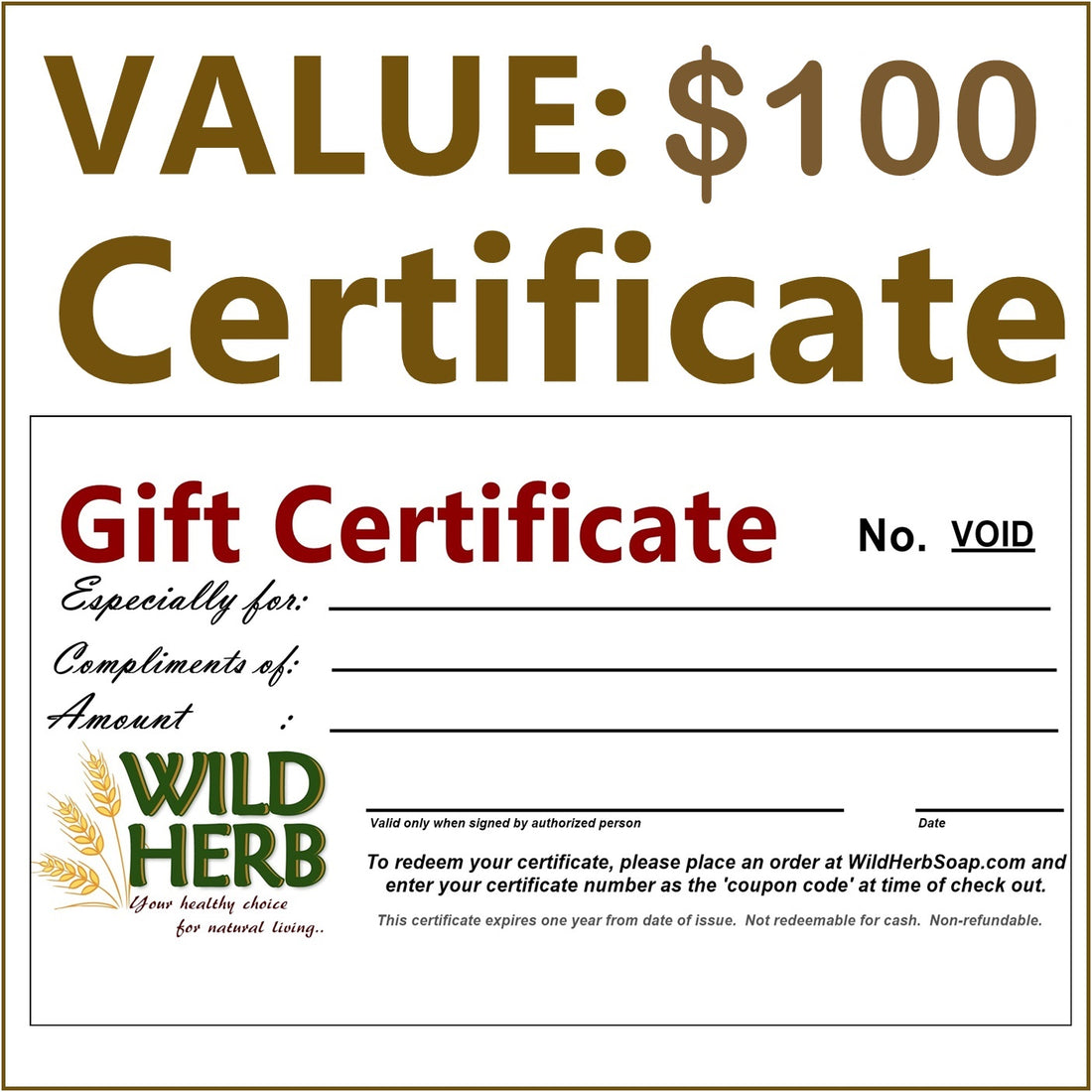 Gift Certificate $100.00-Wild Herb Your Healthy Choice for Natural Living