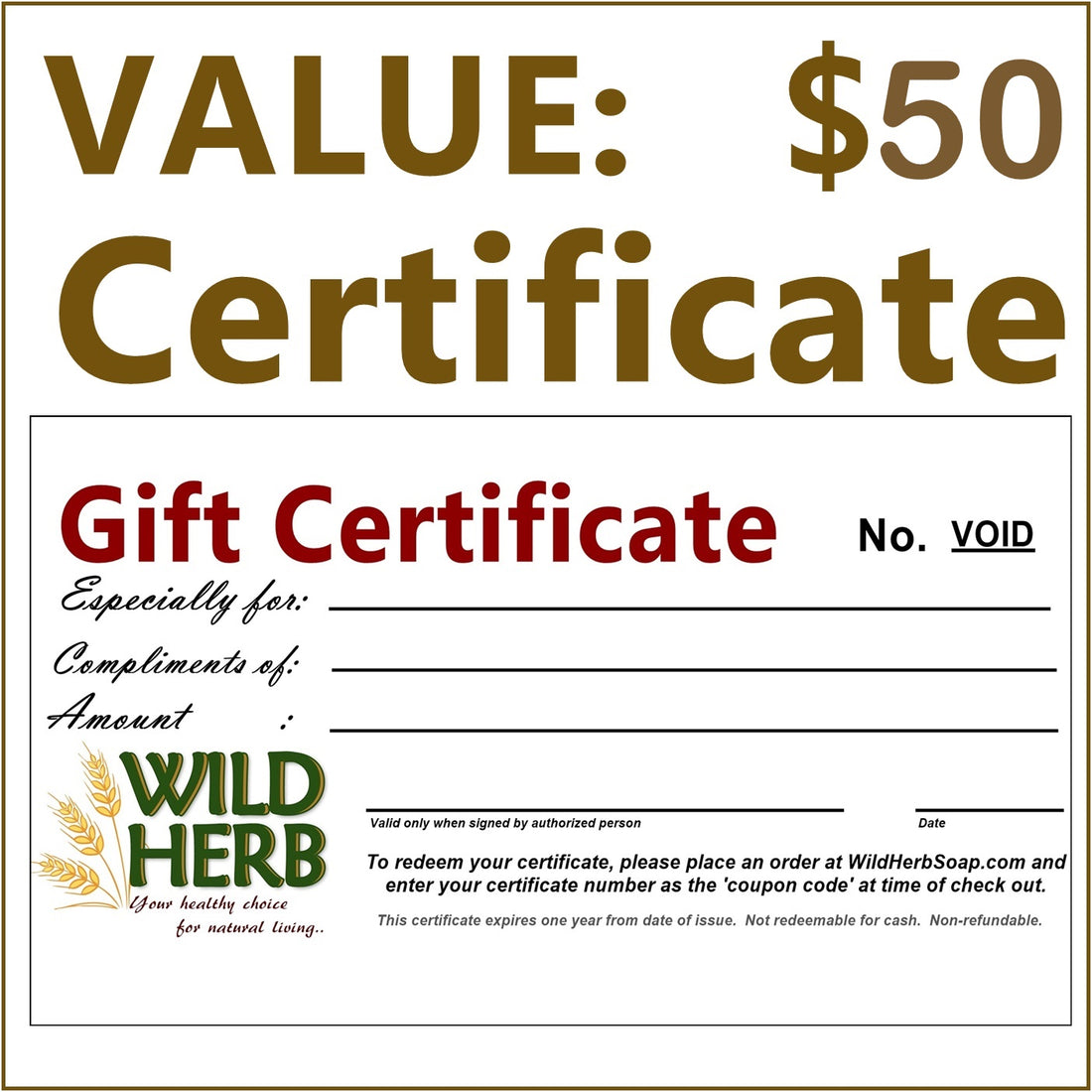 Gift Certificate $50.00-Wild Herb Your Healthy Choice for Natural Living