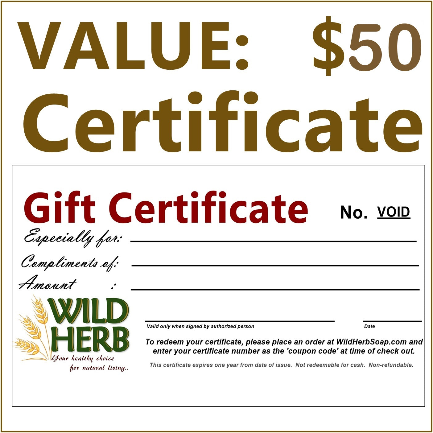 Gift Certificate $50.00-Wild Herb Your Healthy Choice for Natural Living